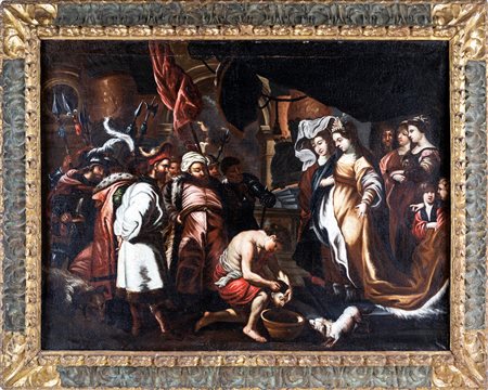 Scuola Veneta del XVII secolo Schiavo con la testa del Battista davanti a...