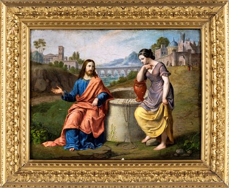 Scuola ferrarese del XVII secolo Cristo e la samaritana al pozzo Olio su...