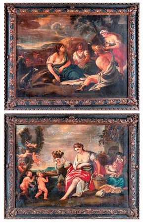 Pittore romano del XVII secolo Coppia di dipinti con putti, contadini e...