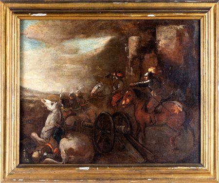 Pittore romano del XVII secolo Battaglia Olio su tela, cm 73x90 - in cornice:...