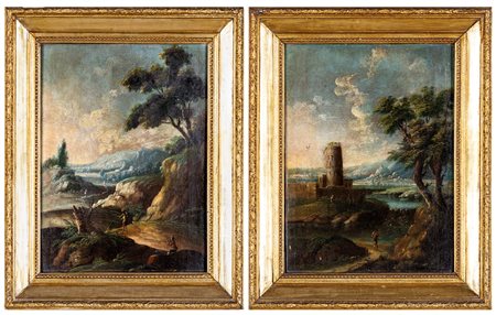 Scuola veneta del XVIII secolo Coppia di paesaggi con figure Olio su tela, cm...