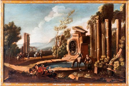 Scuola napoletana del XVIII secolo Capriccio Architettonico con figure Olio...