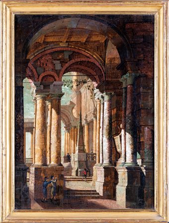 Pittore lombardo del XVIII secolo Capriccio architettonico con obelisco olio...