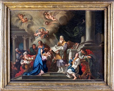 Scuola napoletana del XVIII secolo Presentazione al Tempio Olio su tela, cm...