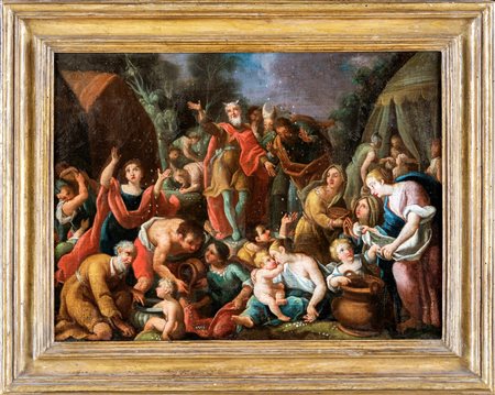 Scuola Romana del XVIII secolo Mosè e la Manna olio su tela, cm 45x62 - in...