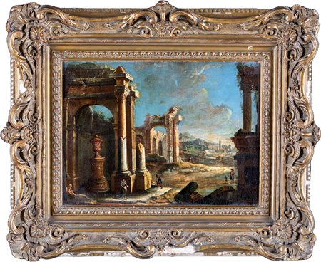 Scuola Romana del XVIII secolo Capriccio architettonico Olio su tela, cm...