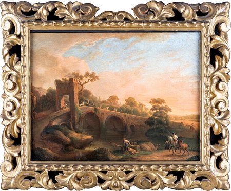 Pittore Romano del XVIII secolo Veduta di paesaggio con ponte olio su tela,...