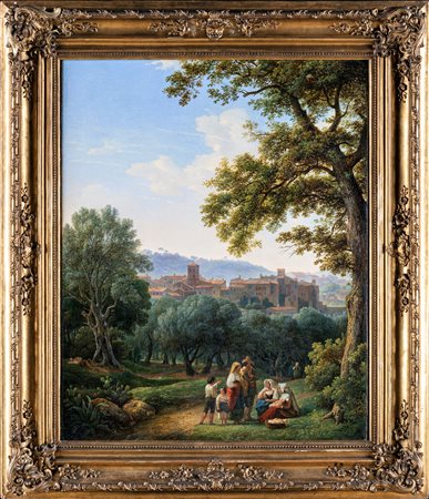 Scuola Romana del XVIII secolo Paesaggio con veduta di borgo e figure olio su...