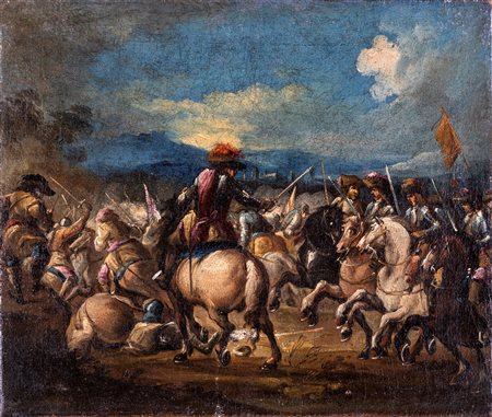 Pittore del XVIII secolo Battaglia fra cavalieri olio su tela, cm 34x40...