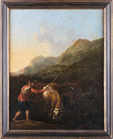 Pittore del XVIII secolo Paesaggio montano con pastore Olio su tela, cm...