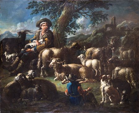 Domenico Brandi (Napoli, 1684 - Napoli, 1736) Paesaggio con giovani pastori e...