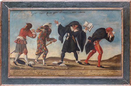 Scuola veneta del XVIII secolo Raffigurazione di Maschere Olio su tela, cm...