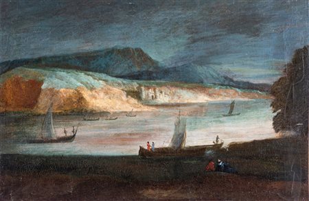Pittore del XVIII secolo Veduta di paesaggio lacustre olio su tela, cm 51x77...