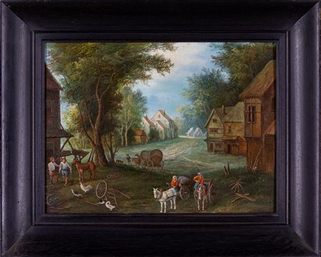 Pittore del XIX secolo Scena di villaggio con uomini e carri Olio su tavola,...