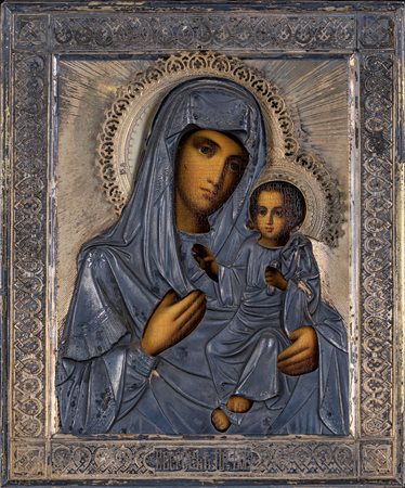 Scuola russa del XIX secolo Madonna col Bambino icona, cm 27x22 ritza in...