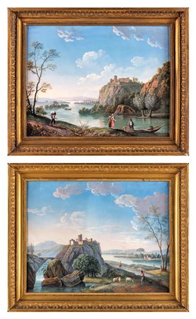 Pittore del XIX secolo Vedute di lago coppia di acquerelli su carta, cm 48x...