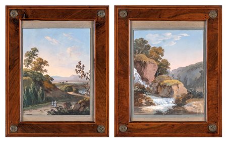 Pittore del XIX secolo Coppi di guazzi con paesaggio di montagna Guazzi su...