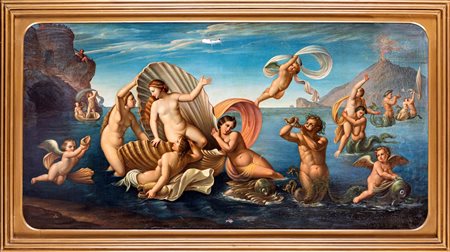 Pittore francese del XIX secolo Trionfo di Galatea Olio su tela, cm 93x180 -...