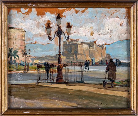 Michele De Simone, 1920 ca. Lungomare a Napoli olio su tavoletta, cm 16 x 20...