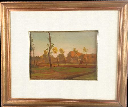 Pittore del XIX secolo Veduta di pianura con alberi e cascina. Olio su...