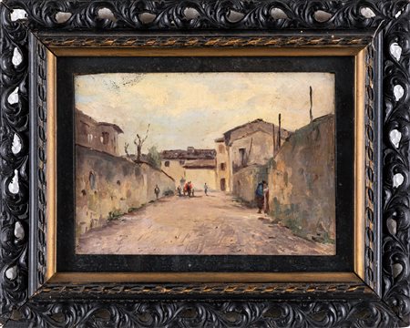Viandanti con case nel Mugello, anni '40 del XX secolo olio su tavoletta, cm...