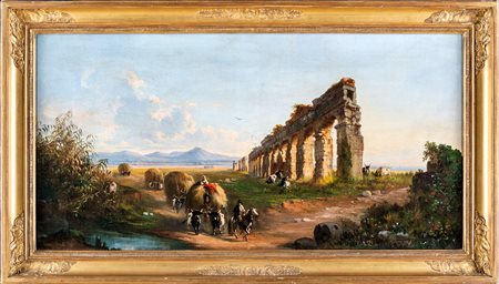 Vincenzo Giovannini (Todi, 1816 - Roma, 1872) Paesaggio con rovine e balle di...