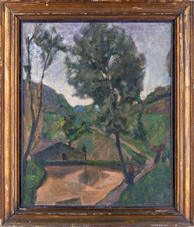 Alfredo Mori (1895 - 1957), 1934 Paesaggio con alberi e case olio su tela, cm...