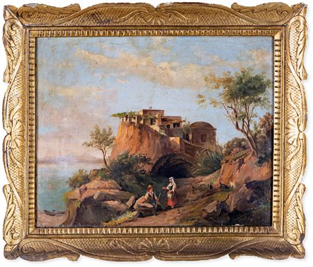 Pittore del XIX secolo Paesaggio con figure olio su tela, cm 37 x 47 - in...