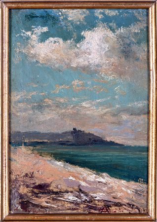 Achille Vertunni (Napoli, 1826 - Roma, 1897) Paesaggio con lago olio su tela,...