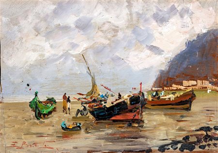 Ezelino Briante (Napoli, 1901 - Roma, 1971) Barche e pescatori Olio su...