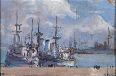 Gennaro Villani (Napoli, 1885 - Napoli, 1948) Imbarcazioni al porto Olio su...