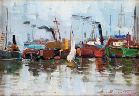 Ezelino Briante (Napoli, 1901 - Roma, 1971) Barche nel porto Olio su tavola,...
