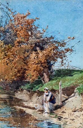 Filiberto Petiti (Torino, 1845 - Roma, 1924) Lavandaia al fiume Acquarello su...