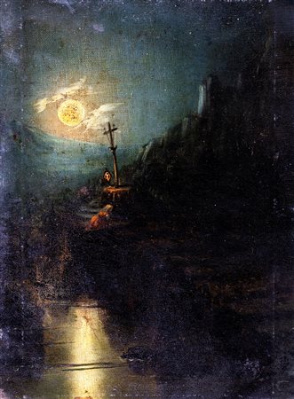 Achille Vertunni (Napoli, 1826 - Roma, 1897) Notturno olio su tela, cm...