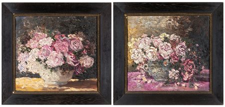 Pittore del XX secolo Nature morte di fiori coppia di olii su tela, cm 45x50...