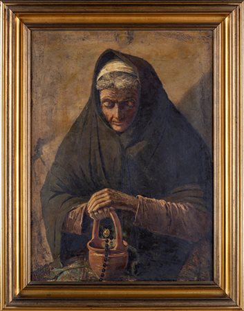 Arnaldo Ferraguti (Marrara, 1862 - Forlì, 1925) Anziana con rosario olio su...