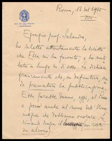 ITALIA, Regno

Lettera autografa di Luigi Federzoni, presidente del Senato del Regno e Ministro del Colonie e dell'Interno