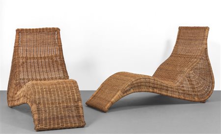  DUE CHAISES-LONGUES, anni '60. <br>Rattan, 