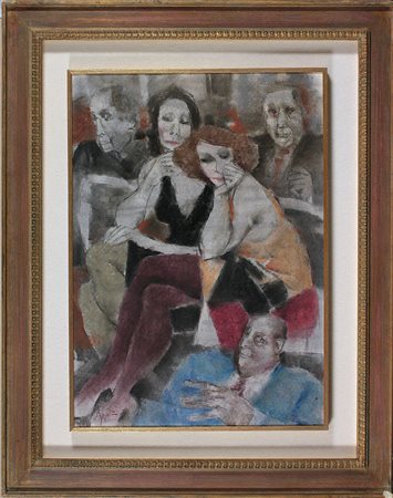 Remo Squillantini (1920-1996) Salotto Tecnica mista su cartoncino cm 69x49...