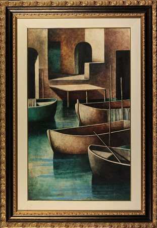 Marcello Scuffi (1948) Barche Olio su tela cm 100x60 Firma in basso al centro...
