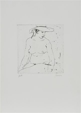 Renzo Biasion NUDO CON CAPPELLO incisione su carta, cm 35x25 (lastra cm...