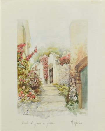 Marten VICOLO DI PAESE IN FIORE stampa su carta, 30x24cm firma e titolo