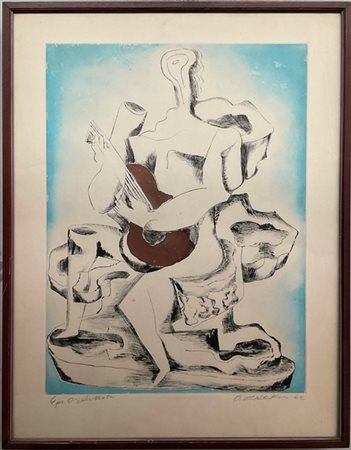 Ossip Zadkine "Femme à la guitarre" 1962
acquaforte a colori - prova d'artista
(