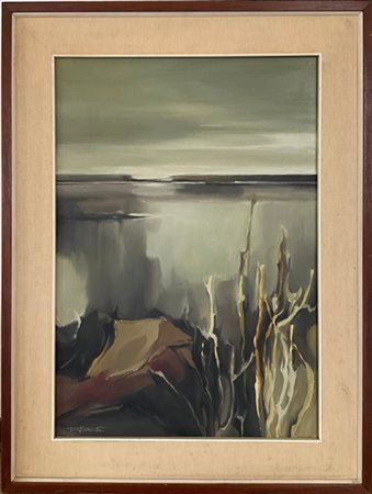 Sergio Tagliabue "paesaggio lacustre" olio su tela (cm 50x70)firmato in basso a