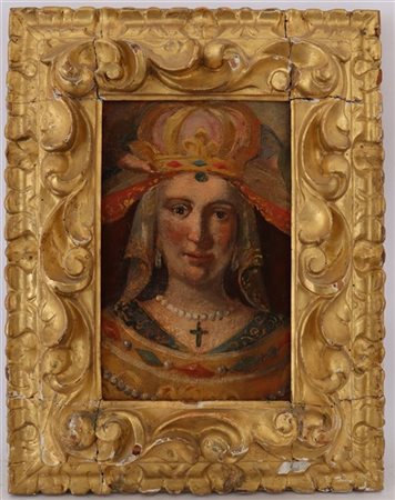 Ignoto Antico dipinto olio su tela raffigurante Regina con collana di perle e croce Olio su tela, cm 39x25,5 In cornice antica in legno intagliato e dorato (difetti e restauri) 