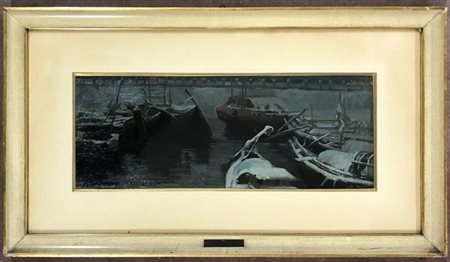 Gianfranco Campestrini "Neve in laguna" 
olio su cartone (cm 18x46)
 Firmato in