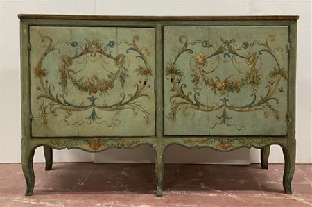 Antica credenza a due ante in legno dipinto in policromia a festoni di fiori en