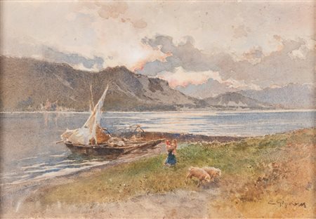 Eugenio Gignous 1850-1906, Barche in riva al lago con pecore