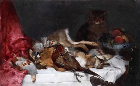 Paul Mathey 1844-1929, Natura morta con cacciagione e gatto