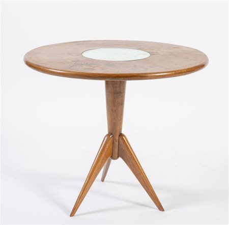Tavolino da salotto in legno con specchio. Prod. Italia, 1950 ca. Cm 56x65x65